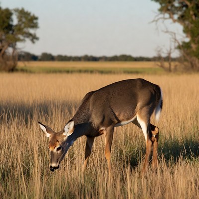 White-tailed deer grazing in field