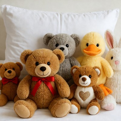 Group of plush teddy bears and toys