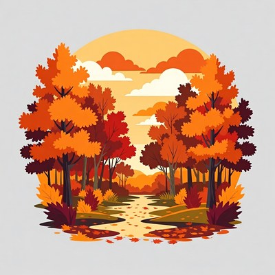 Autumn Forest Path with Sunset