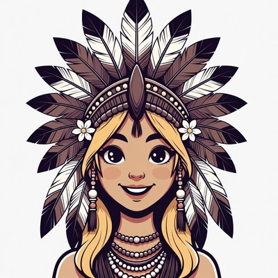 Smiling girl in Native American headdress