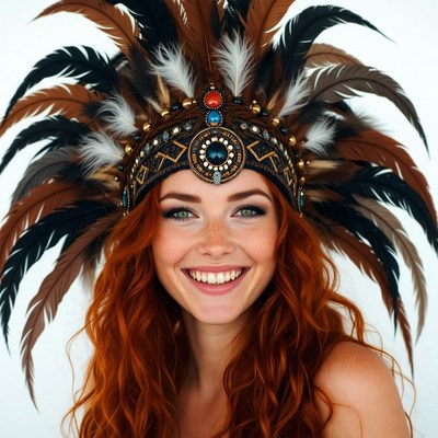 Redhead woman in Native American headdress