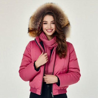 Woman in pink fur hood jacket