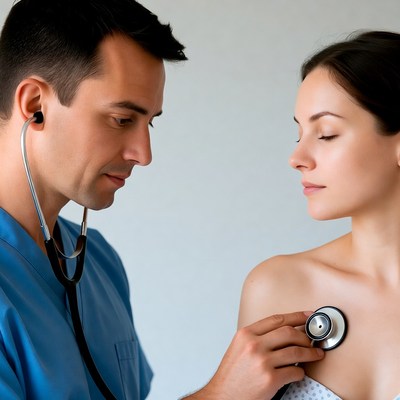 Doctor listening to woman's heartbeat