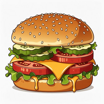 Illustrated Cheeseburger with Lettuce and Tomato