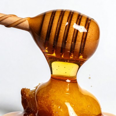 Honey dripping from wooden spoon