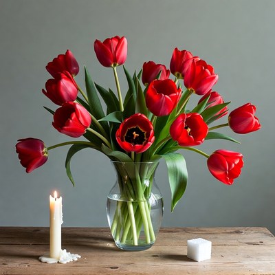 Red Tulips in Vase with Candle