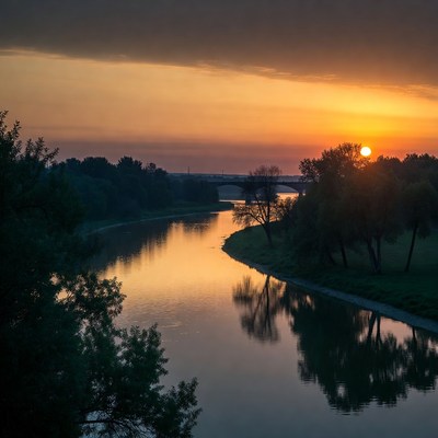 Sunset over River and Bridge