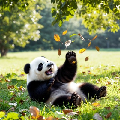 Panda playing with autumn leaves