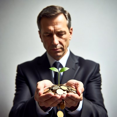 Businessman holding plant on coins
