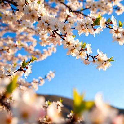 White cherry blossoms against blue sky