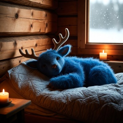 Blue plush reindeer on bed