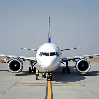 Workers inspecting airplane on tarmac