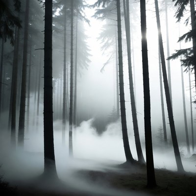 Foggy Pine Forest with Sunlight