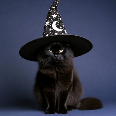 Black cat wearing witch hat