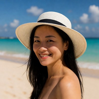 Asian woman smiling in straw hat beach