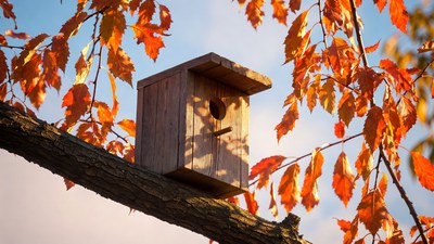 Birdhouse on tree branch with autumn leaves