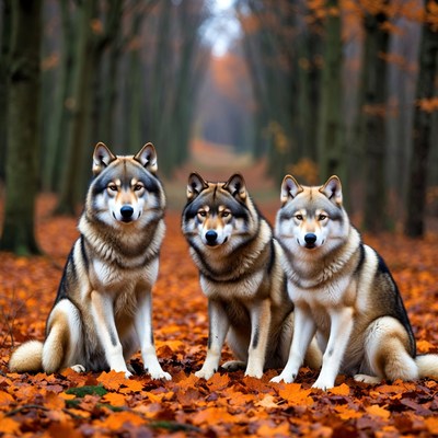 Three Huskies Sitting in Autumn Forest