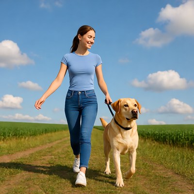 Woman walking Labrador retriever in field