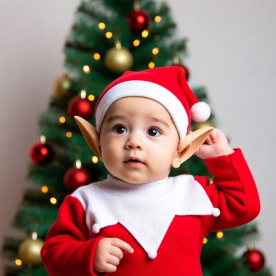 Baby Elf in Front of Christmas Tree