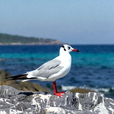 White-headed Gull on Rocks by Sea