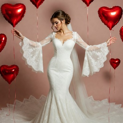 Bride with red heart balloons