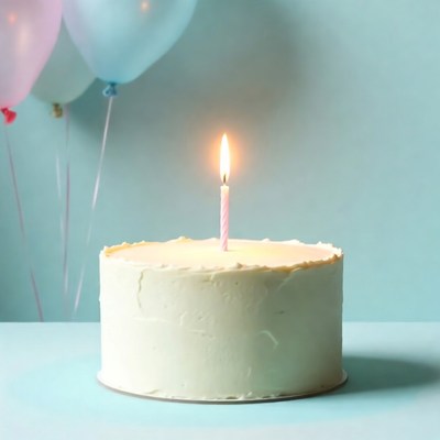 Birthday cake with candle and balloons