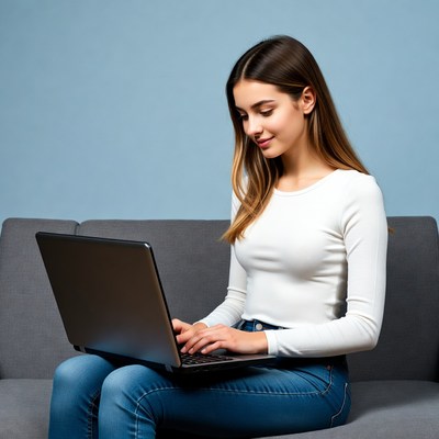 Woman using laptop on couch