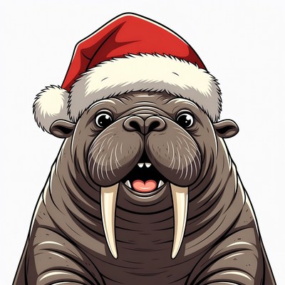 Cartoon Walrus Wearing Santa Hat