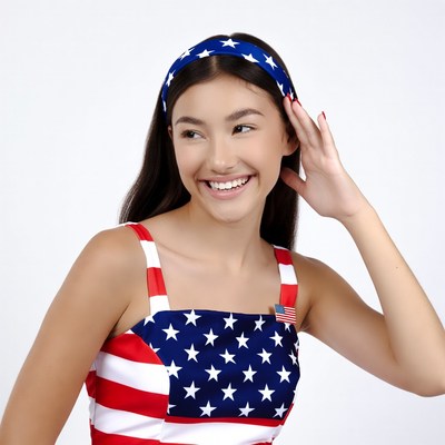 Asian girl in American flag dress smiling