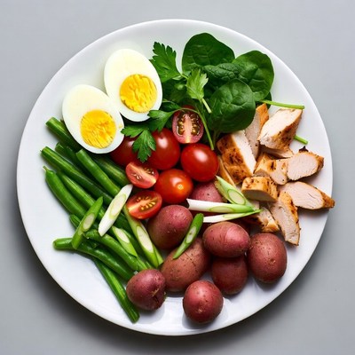 Healthy plate with chicken eggs veggies