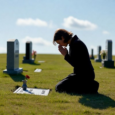 Woman praying at gravestone