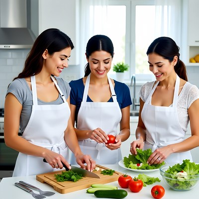 Three women cooking in kitchen