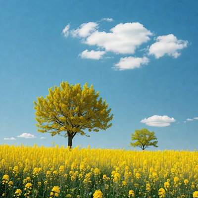Yellow Trees in Rapeseed Field