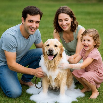 Family washing golden retriever in grass