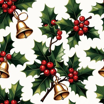 Holly Berries and Bells Seamless Pattern