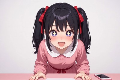 Anime girl with twintails leaning on table