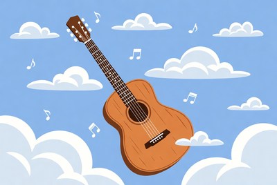 Acoustic Guitar with Music Notes in Clouds