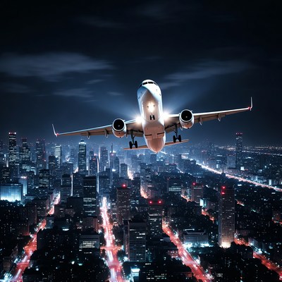 Airplane flying over night city skyline