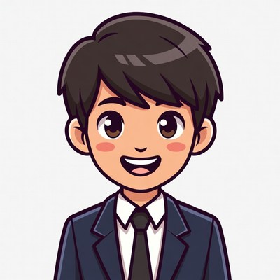 Cartoon Asian boy in suit smiling