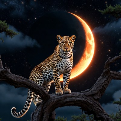 Leopard on tree branch under moon
