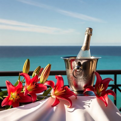 Champagne Bottle with Red Lilies by Ocean