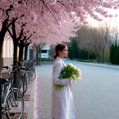 Woman with tulips under cherry blossoms