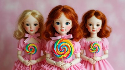 Three Ball-Jointed Dolls Holding Lollipops