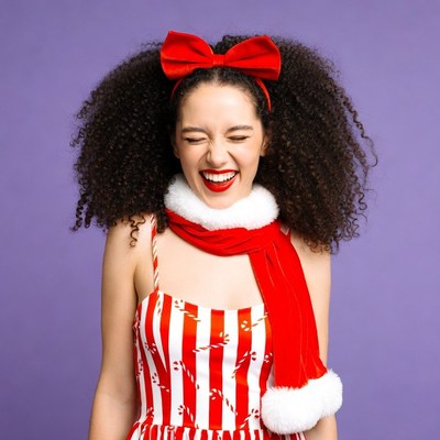 Smiling woman in red bow and scarf