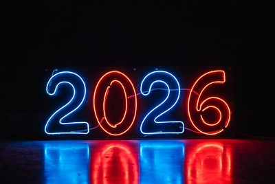 Neon 2026 on Dark Reflective Background