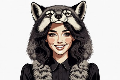 Woman wearing wolf head hat