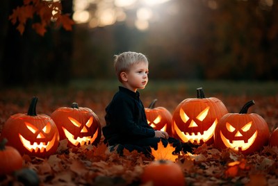Boy sitting with carved pumpkins