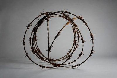 Coiled Barbed Wire on Gray Background