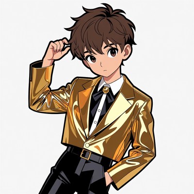 Anime boy in gold suit posing