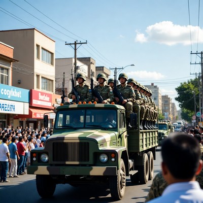 Soldiers on Camouflage Military Truck Parade